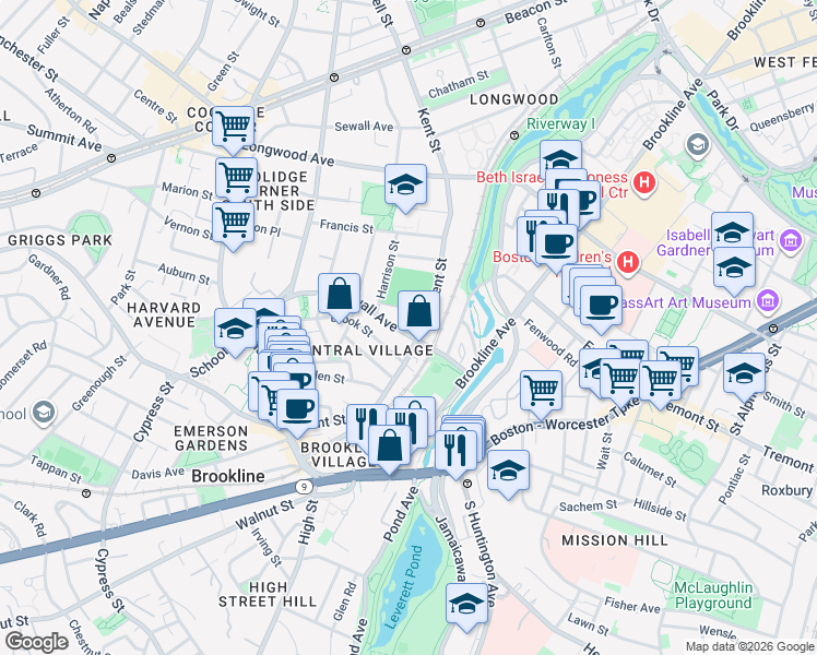 map of restaurants, bars, coffee shops, grocery stores, and more near 216 Aspinwall Avenue in Brookline