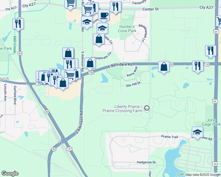 map of restaurants, bars, coffee shops, grocery stores, and more near 416 Ashford Lane in Grayslake