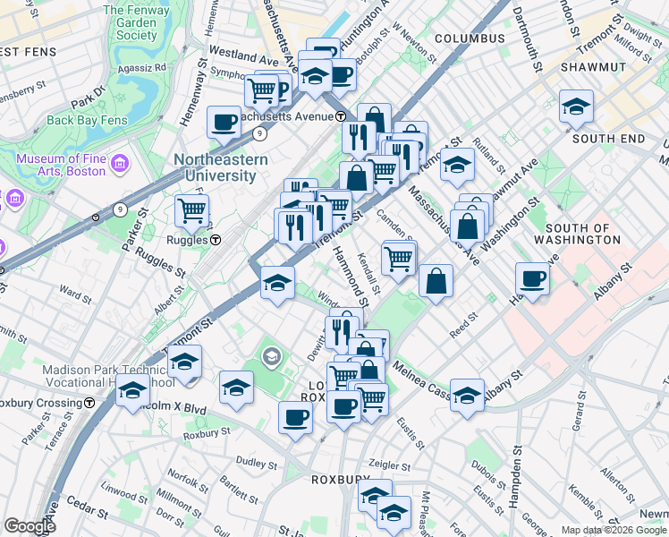 map of restaurants, bars, coffee shops, grocery stores, and more near 10 Sussex Street in Boston