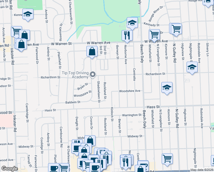 map of restaurants, bars, coffee shops, grocery stores, and more near 6654 Rockland Street in Dearborn Heights