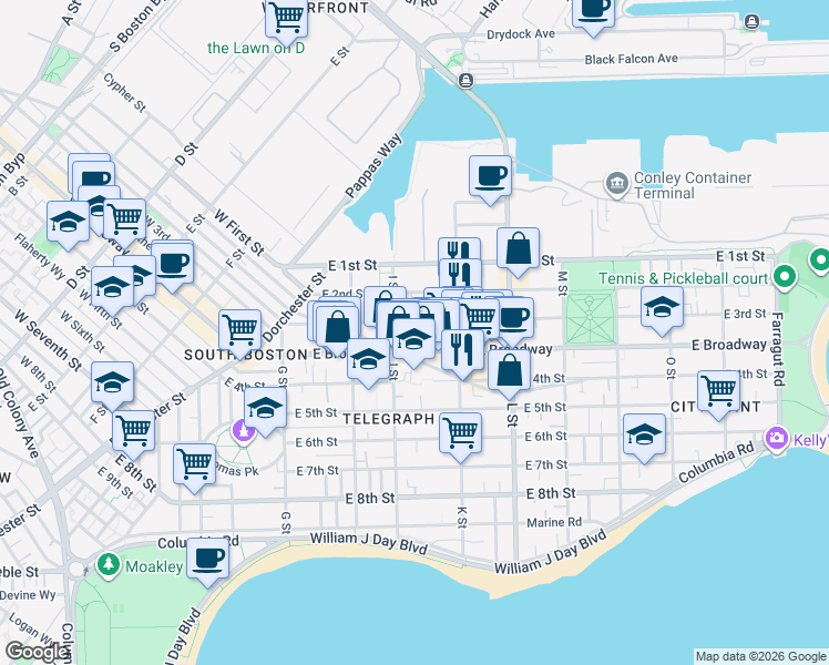 map of restaurants, bars, coffee shops, grocery stores, and more near 646 East Broadway in Boston