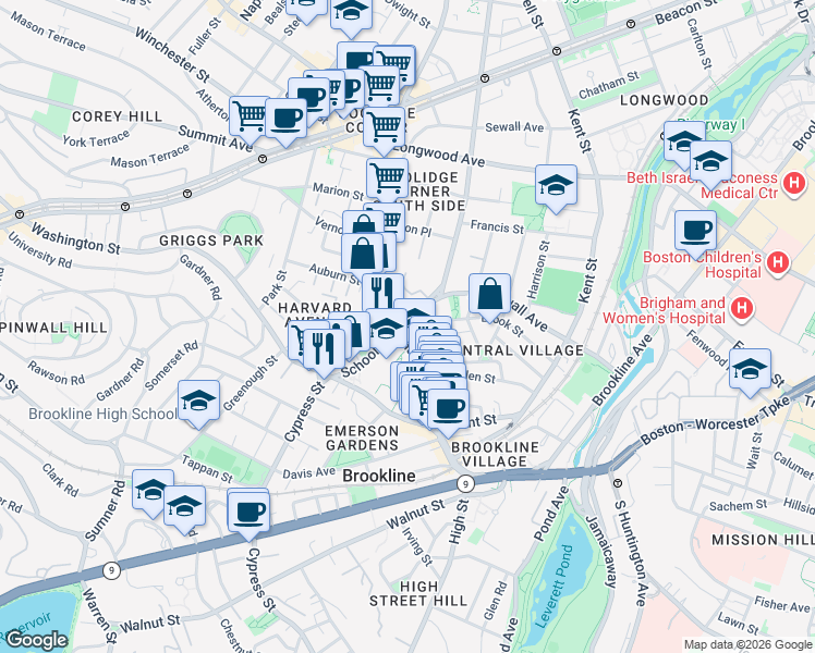 map of restaurants, bars, coffee shops, grocery stores, and more near 14 Homer Street in Brookline