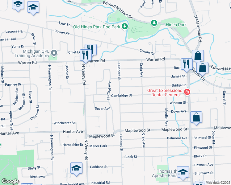 map of restaurants, bars, coffee shops, grocery stores, and more near 6825 Hubbard Street in Garden City