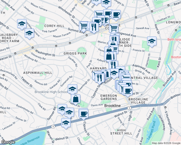 map of restaurants, bars, coffee shops, grocery stores, and more near 461 Washington Street in Brookline