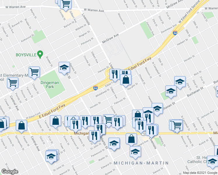 map of restaurants, bars, coffee shops, grocery stores, and more near 6415 West Edsel Ford Service Drive in Detroit