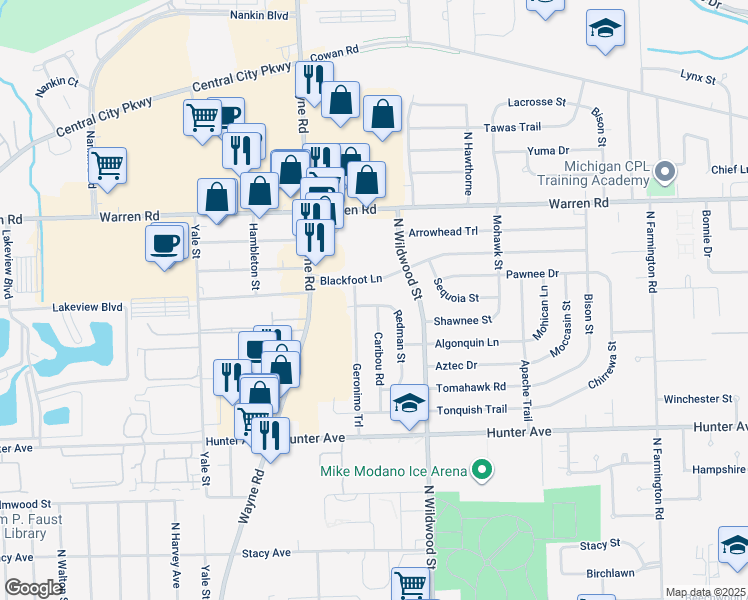 map of restaurants, bars, coffee shops, grocery stores, and more near 6864 Redman Street in Westland