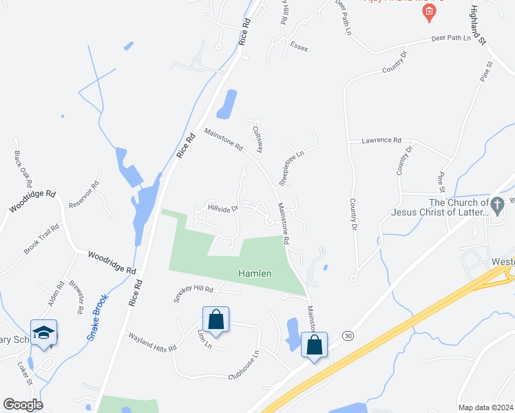 map of restaurants, bars, coffee shops, grocery stores, and more near 43 Hillside Drive in Wayland