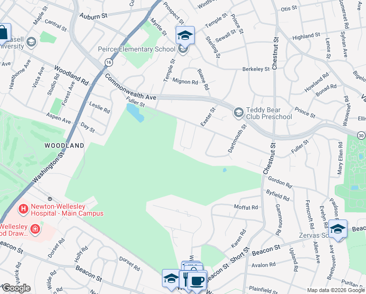 map of restaurants, bars, coffee shops, grocery stores, and more near 51 Pickwick Road in Newton