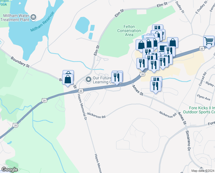 map of restaurants, bars, coffee shops, grocery stores, and more near 4 Applebriar Lane in Marlborough