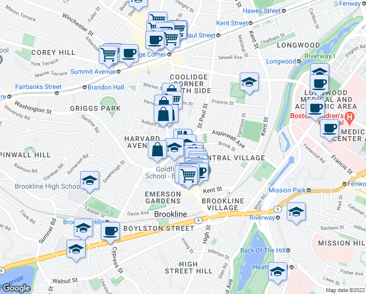 map of restaurants, bars, coffee shops, grocery stores, and more near 17 Aspinwall Avenue in Brookline