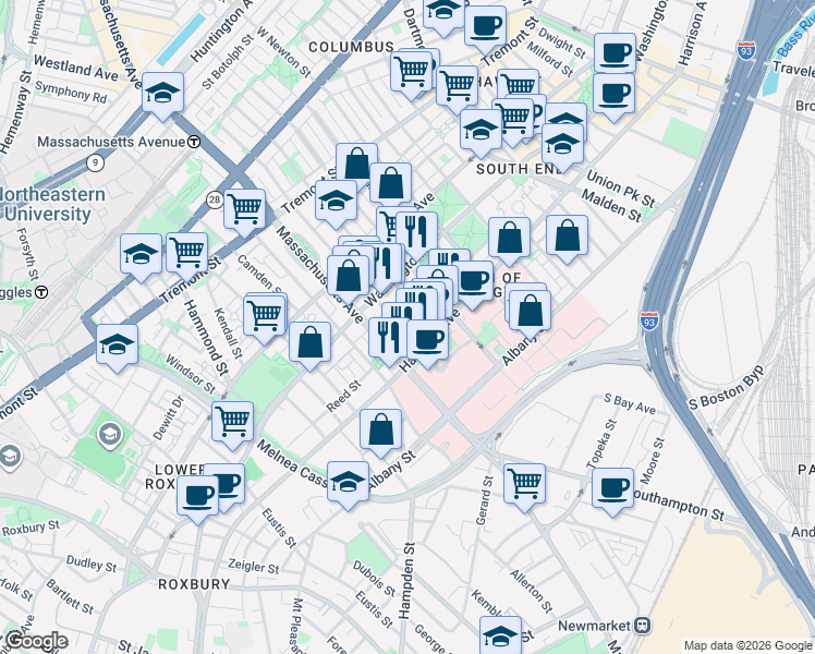 map of restaurants, bars, coffee shops, grocery stores, and more near 33 Worcester Square in Boston