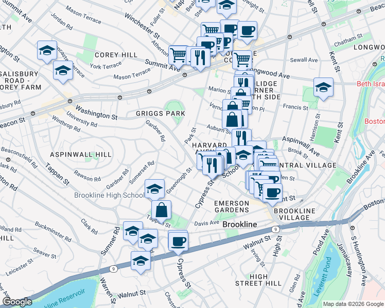 map of restaurants, bars, coffee shops, grocery stores, and more near 454 Washington Street in Brookline