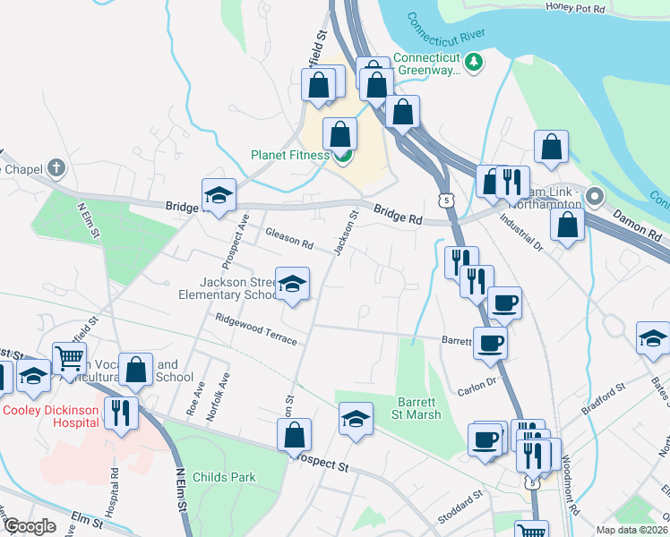 map of restaurants, bars, coffee shops, grocery stores, and more near 73 Barrett Street in Northampton