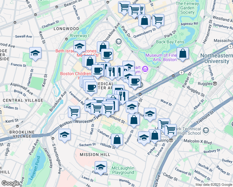 map of restaurants, bars, coffee shops, grocery stores, and more near 220 Longwood Avenue in Boston
