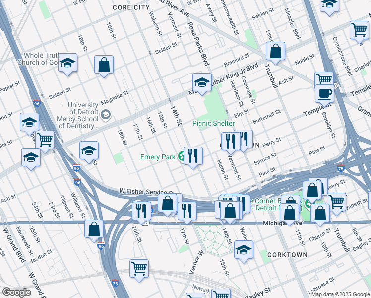 map of restaurants, bars, coffee shops, grocery stores, and more near 3001 14th Street in Detroit