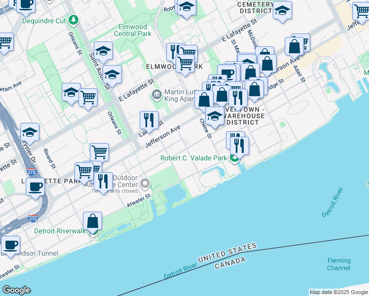 map of restaurants, bars, coffee shops, grocery stores, and more near 234-268 Dubois St in Detroit
