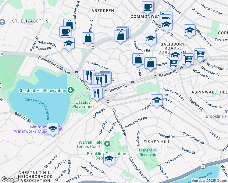 map of restaurants, bars, coffee shops, grocery stores, and more near 1905 Beacon Street in Brookline