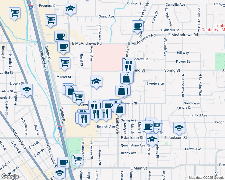 map of restaurants, bars, coffee shops, grocery stores, and more near 649 Crater Lake Avenue in Medford