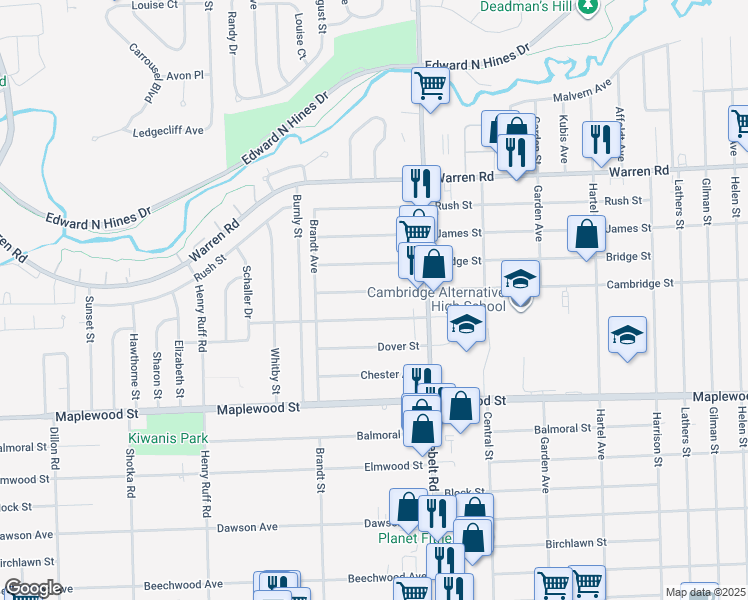 map of restaurants, bars, coffee shops, grocery stores, and more near 29543 Cambridge Street in Garden City