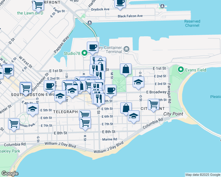 map of restaurants, bars, coffee shops, grocery stores, and more near 784 East Broadway in Boston