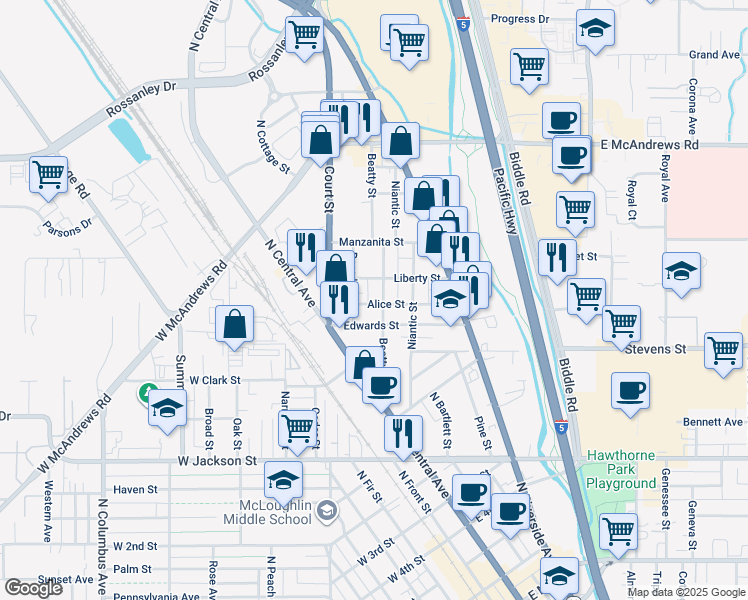 map of restaurants, bars, coffee shops, grocery stores, and more near 381 Alice Street in Medford