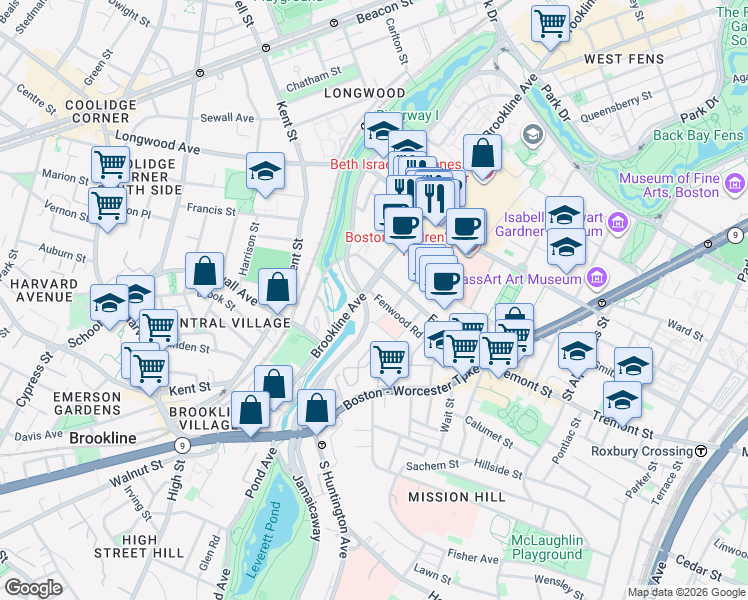 map of restaurants, bars, coffee shops, grocery stores, and more near 80 Fenwood Road in Boston