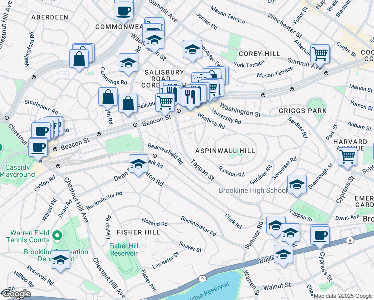 map of restaurants, bars, coffee shops, grocery stores, and more near 299 Tappan Street in Brookline