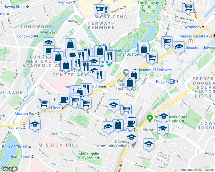 map of restaurants, bars, coffee shops, grocery stores, and more near Huntington Ave & St Alphonsus St in Boston