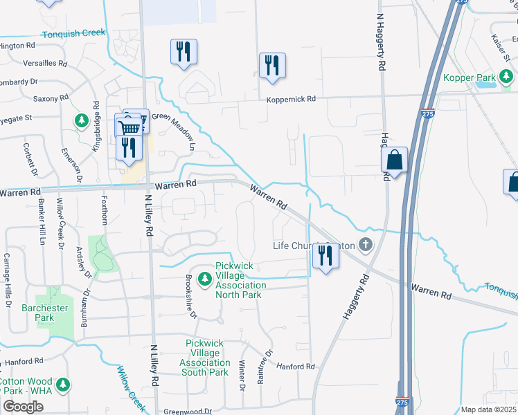 map of restaurants, bars, coffee shops, grocery stores, and more near 7120 Foxridge Dr in Canton