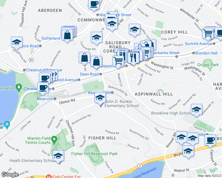 map of restaurants, bars, coffee shops, grocery stores, and more near 136 Beaconsfield Road in Brookline