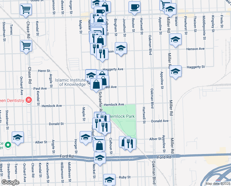 map of restaurants, bars, coffee shops, grocery stores, and more near 6306 Calhoun Street in Dearborn
