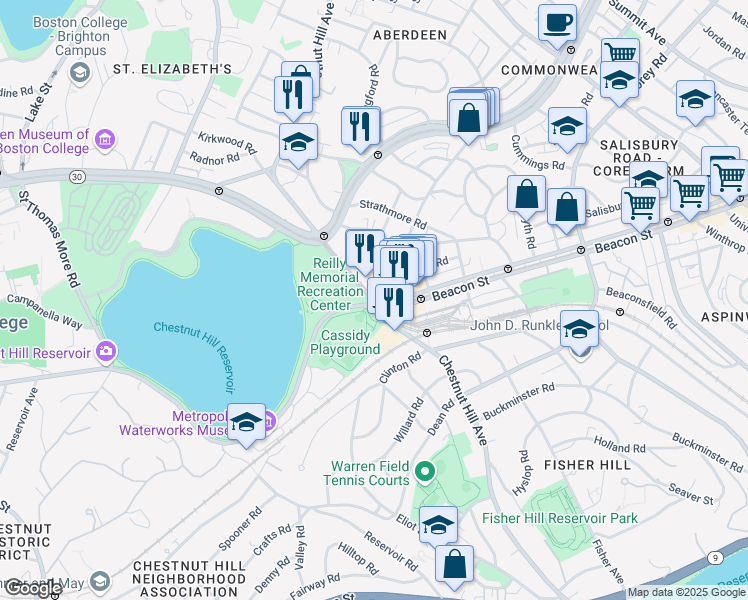 map of restaurants, bars, coffee shops, grocery stores, and more near Chestnut Hill Avenue in Boston