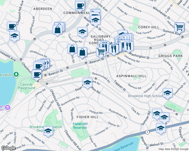 map of restaurants, bars, coffee shops, grocery stores, and more near in Brookline