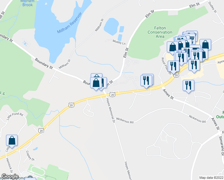 map of restaurants, bars, coffee shops, grocery stores, and more near 497 Northboro Road West in Marlborough