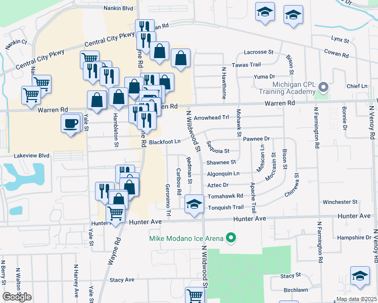 map of restaurants, bars, coffee shops, grocery stores, and more near 6925 North Wildwood Street in Westland