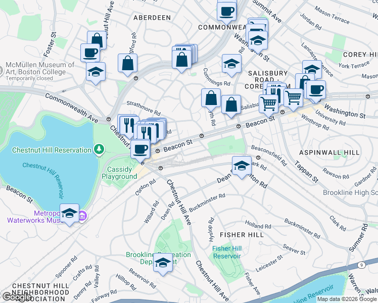 map of restaurants, bars, coffee shops, grocery stores, and more near 19 Strathmore Road in Brookline