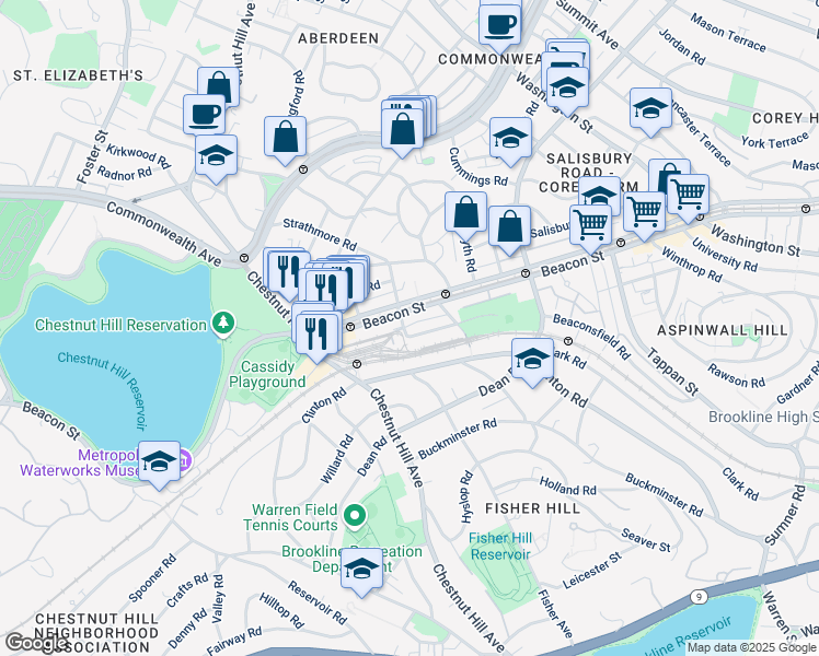 map of restaurants, bars, coffee shops, grocery stores, and more near 19 Strathmore Road in Brookline