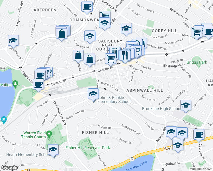 map of restaurants, bars, coffee shops, grocery stores, and more near 128 Beaconsfield Road in Brookline