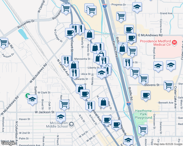 map of restaurants, bars, coffee shops, grocery stores, and more near 1001 Niantic Street in Medford