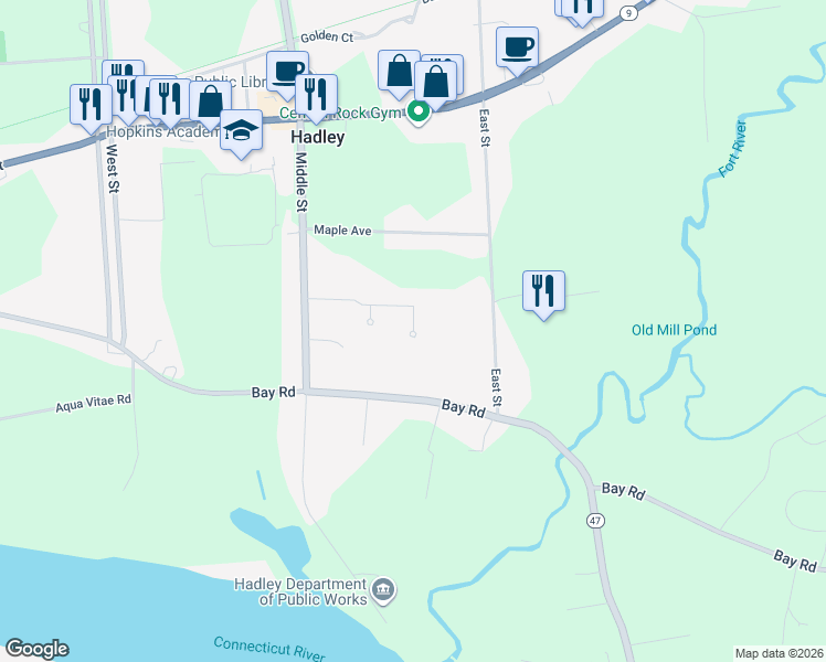 map of restaurants, bars, coffee shops, grocery stores, and more near Scott Ln in Hadley