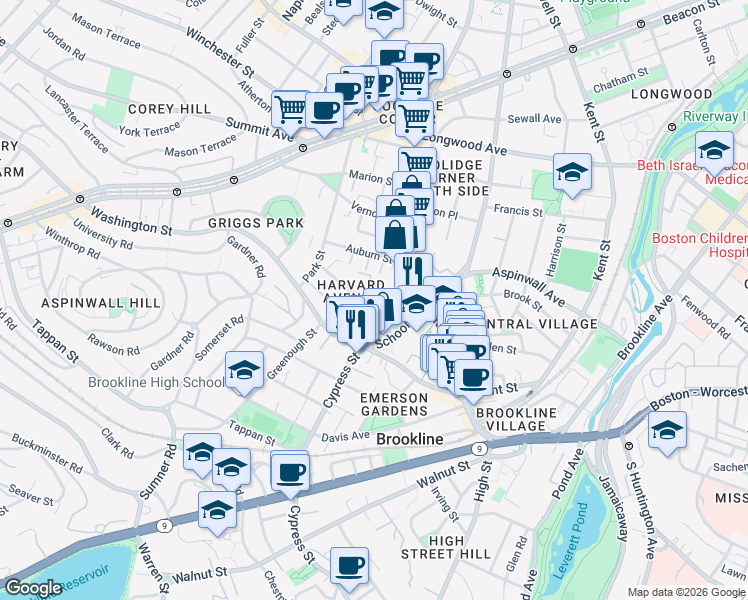 map of restaurants, bars, coffee shops, grocery stores, and more near 32 Harvard Avenue in Brookline