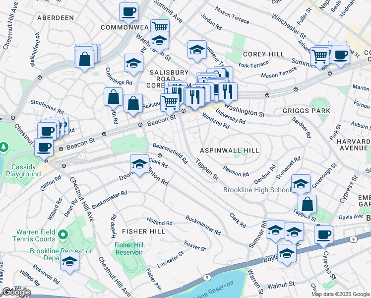 map of restaurants, bars, coffee shops, grocery stores, and more near 312 Tappan Street in Brookline