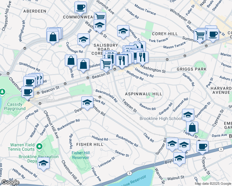 map of restaurants, bars, coffee shops, grocery stores, and more near 310 Tappan Street in Brookline