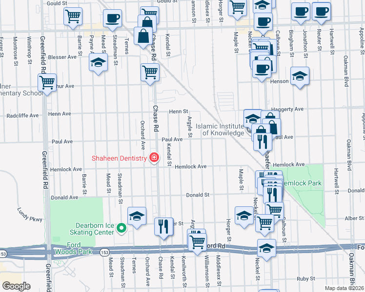 map of restaurants, bars, coffee shops, grocery stores, and more near 6306 Kenilworth Street in Dearborn