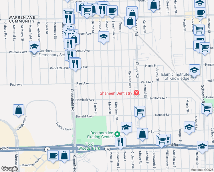 map of restaurants, bars, coffee shops, grocery stores, and more near 6326 Payne Avenue in Dearborn