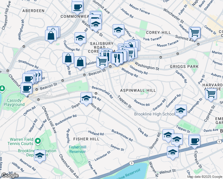 map of restaurants, bars, coffee shops, grocery stores, and more near 299 Tappan Street in Brookline