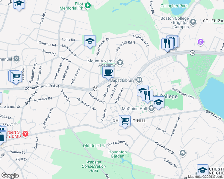 map of restaurants, bars, coffee shops, grocery stores, and more near 36 Crosby Road in Newton