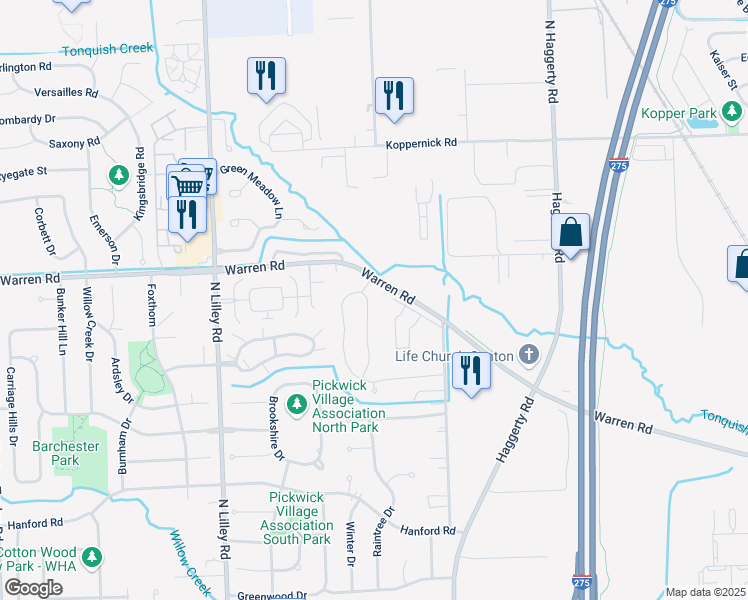 map of restaurants, bars, coffee shops, grocery stores, and more near 7096 Foxridge Drive in Wayne County