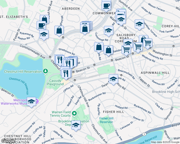 map of restaurants, bars, coffee shops, grocery stores, and more near 19 Strathmore Road in Brookline