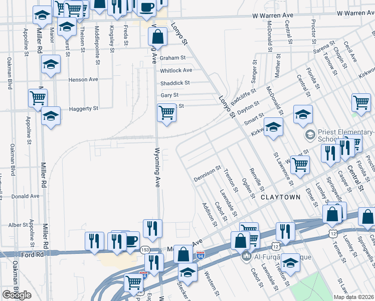 map of restaurants, bars, coffee shops, grocery stores, and more near 8695 Smart Street in Detroit